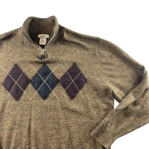 Tagio Mens Argyle‎ Quarter Zip Sweater Brown Wool Blend Marled Pullover Large